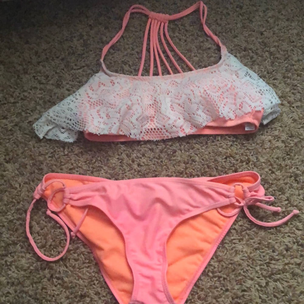 Coral Pink Crochet Bathing Suit